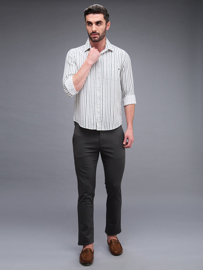 Full sleeves Slim Fit Green Dobby Structure Printed Stripe Shirt