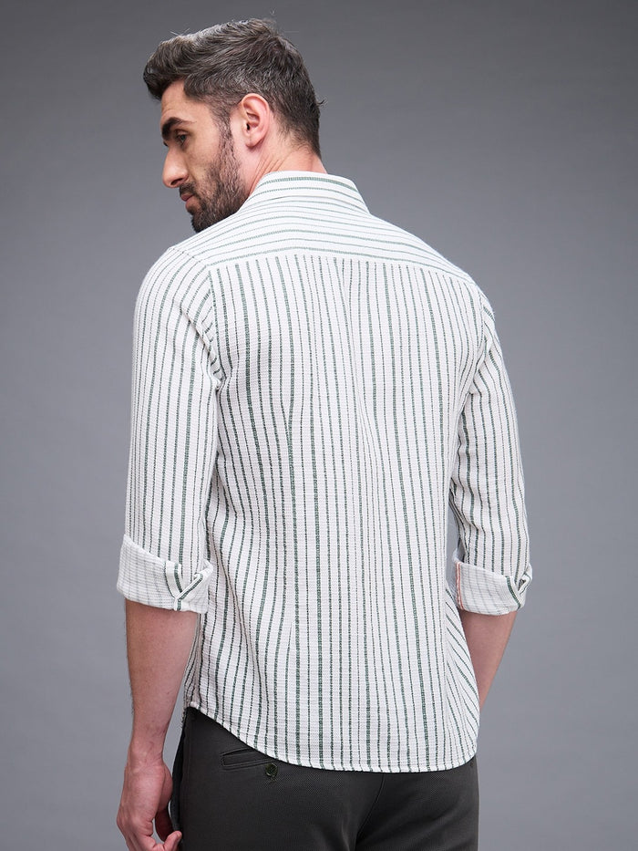 Full sleeves Slim Fit Green Dobby Structure Printed Stripe Shirt