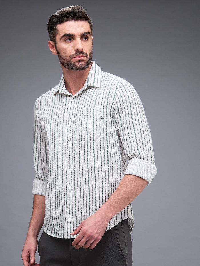Full sleeves Slim Fit Green Dobby Structure Printed Stripe Shirt