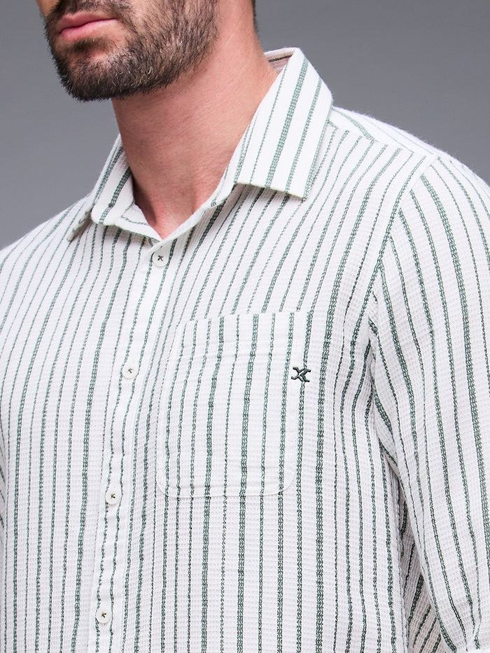 Full sleeves Slim Fit Green Dobby Structure Printed Stripe Shirt