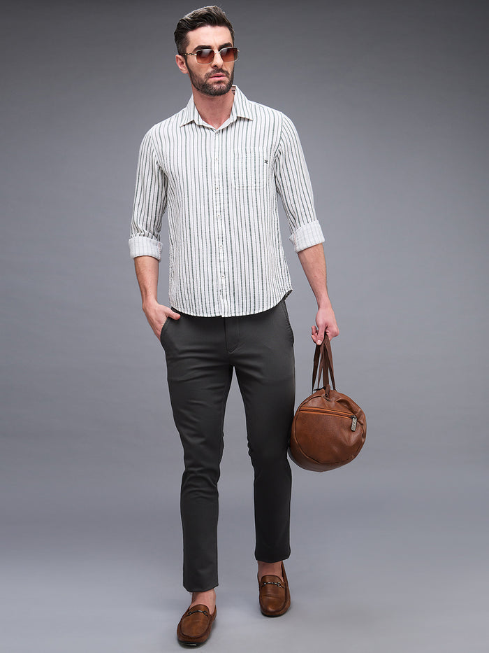 Full sleeves Slim Fit Green Dobby Structure Printed Stripe Shirt