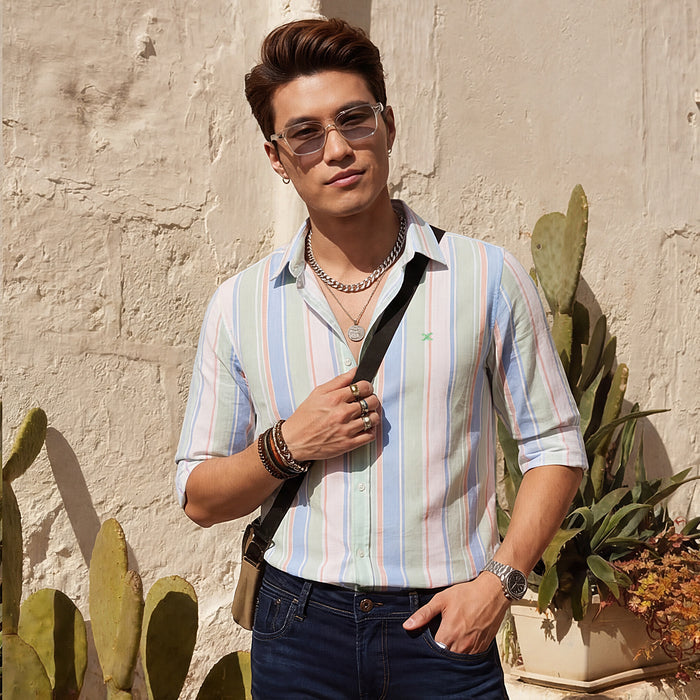 Full sleeves Slim Fit Green Multi Striper Oxford Shirt