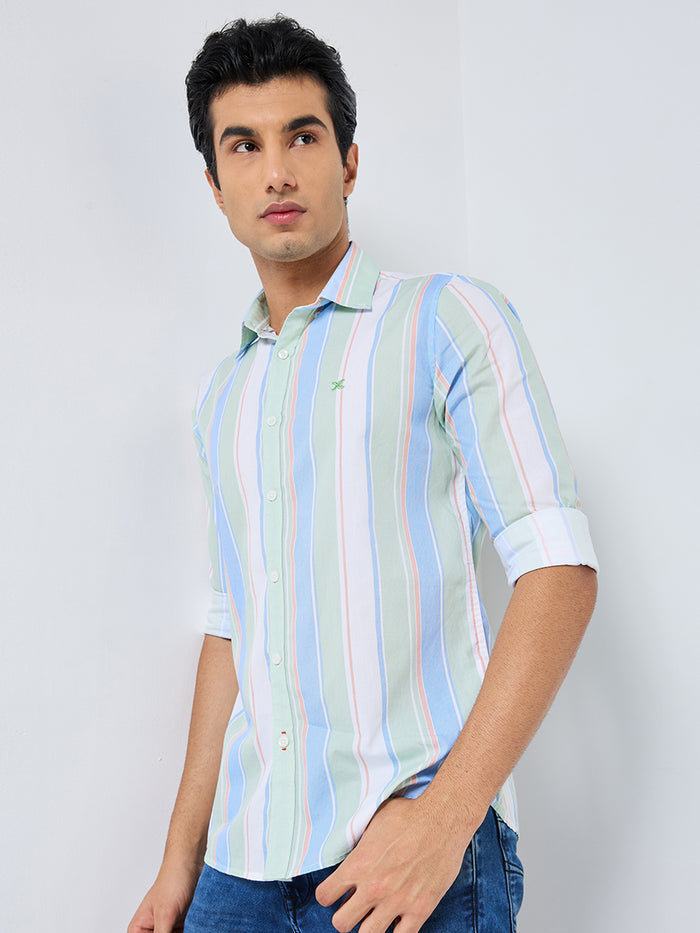 Full sleeves Slim Fit Green Multi Striper Oxford Shirt
