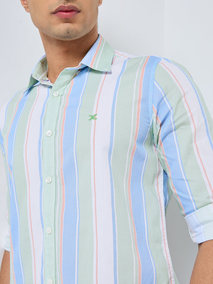 Full sleeves Slim Fit Green Multi Striper Oxford Shirt