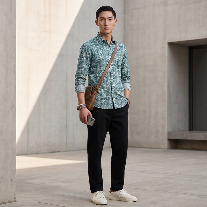 Full Sleeves Slim Fit Green Textured All Over Grunge Floral Dobby Print Shirt