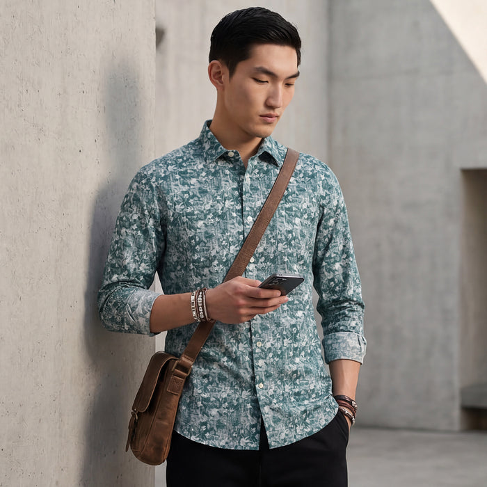Full Sleeves Slim Fit Green Textured All Over Grunge Floral Dobby Print Shirt