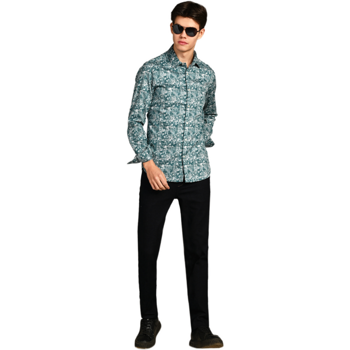 Full Sleeves Slim Fit Green Textured All Over Grunge Floral Dobby Print Shirt