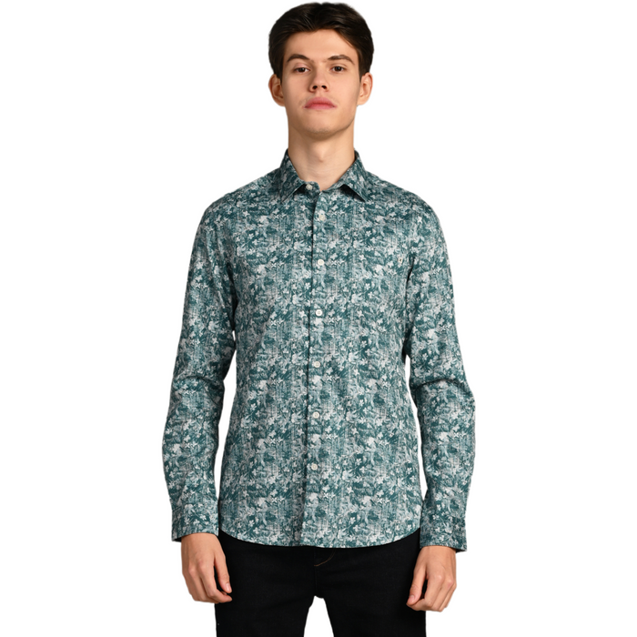 Full Sleeves Slim Fit Green Textured All Over Grunge Floral Dobby Print Shirt