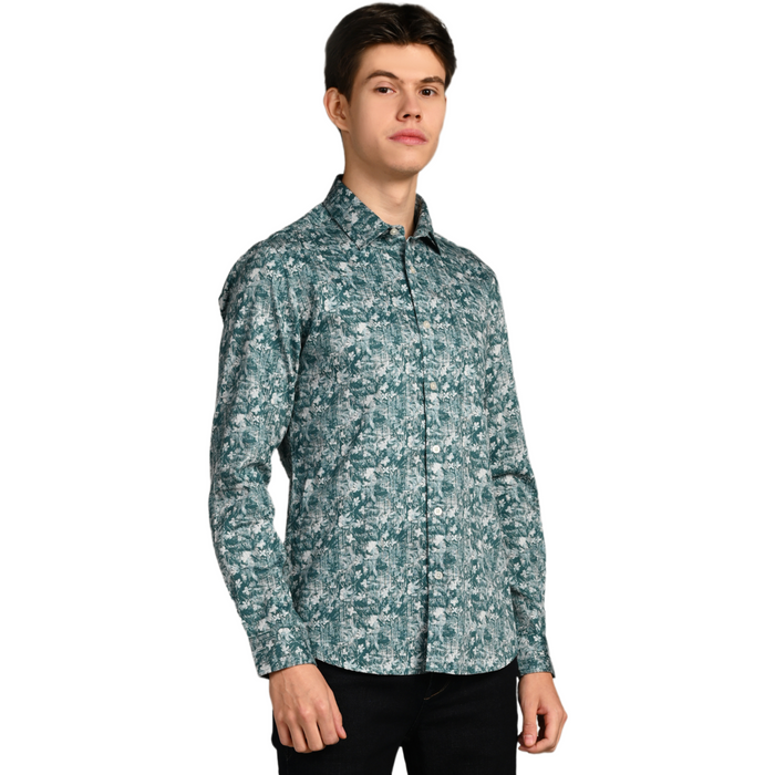Full Sleeves Slim Fit Green Textured All Over Grunge Floral Dobby Print Shirt