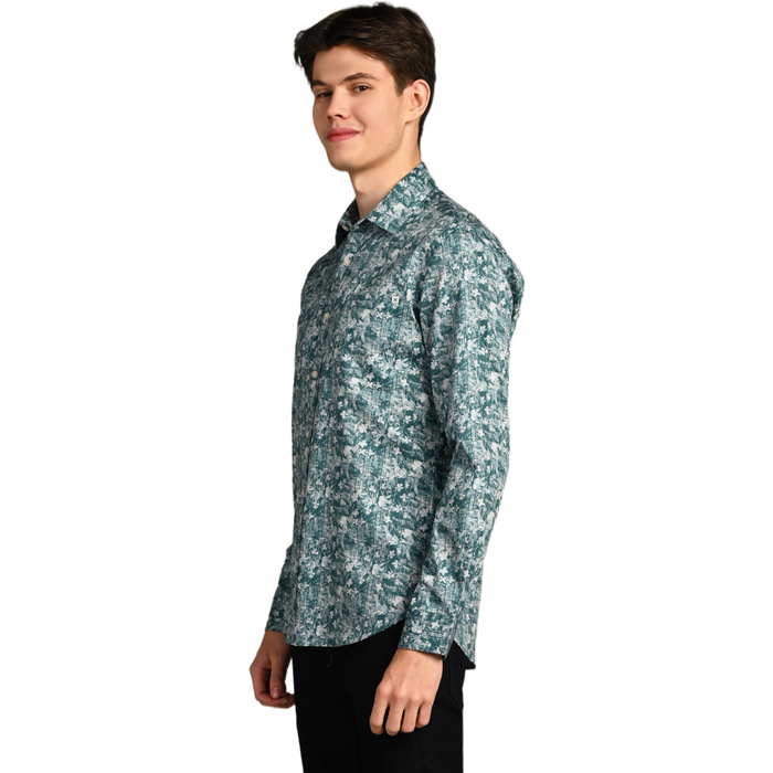 Full Sleeves Slim Fit Green Textured All Over Grunge Floral Dobby Print Shirt