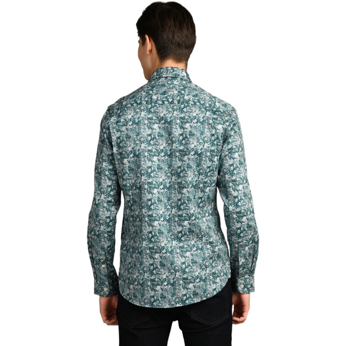 Full Sleeves Slim Fit Green Textured All Over Grunge Floral Dobby Print Shirt
