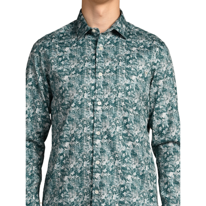 Full Sleeves Slim Fit Green Textured All Over Grunge Floral Dobby Print Shirt