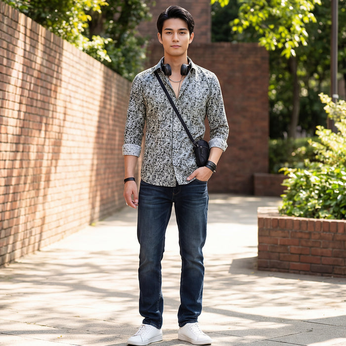 Full Sleeves Slim Fit Grey  All-Over Abstract Floral Print Shirt