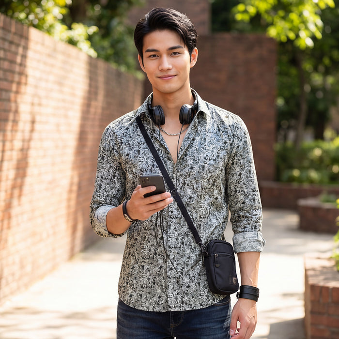 Full Sleeves Slim Fit Grey  All-Over Abstract Floral Print Shirt
