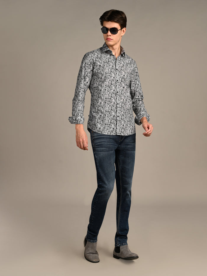 Full Sleeves Slim Fit Grey  All-Over Abstract Floral Print Shirt