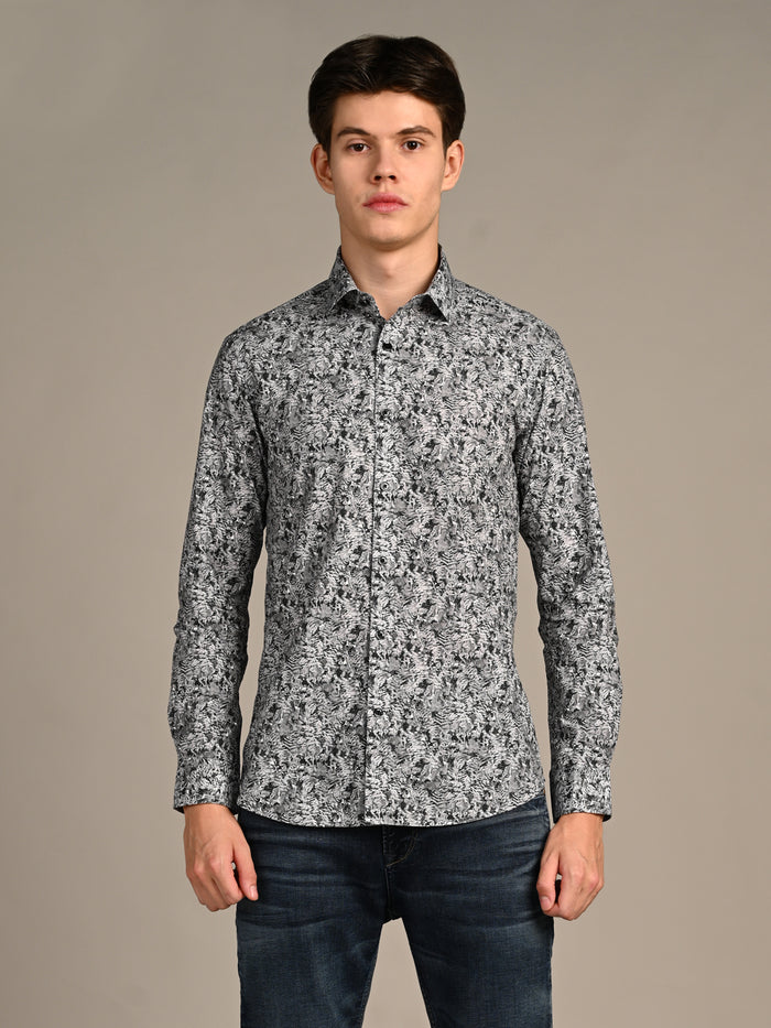 Full Sleeves Slim Fit Grey  All-Over Abstract Floral Print Shirt