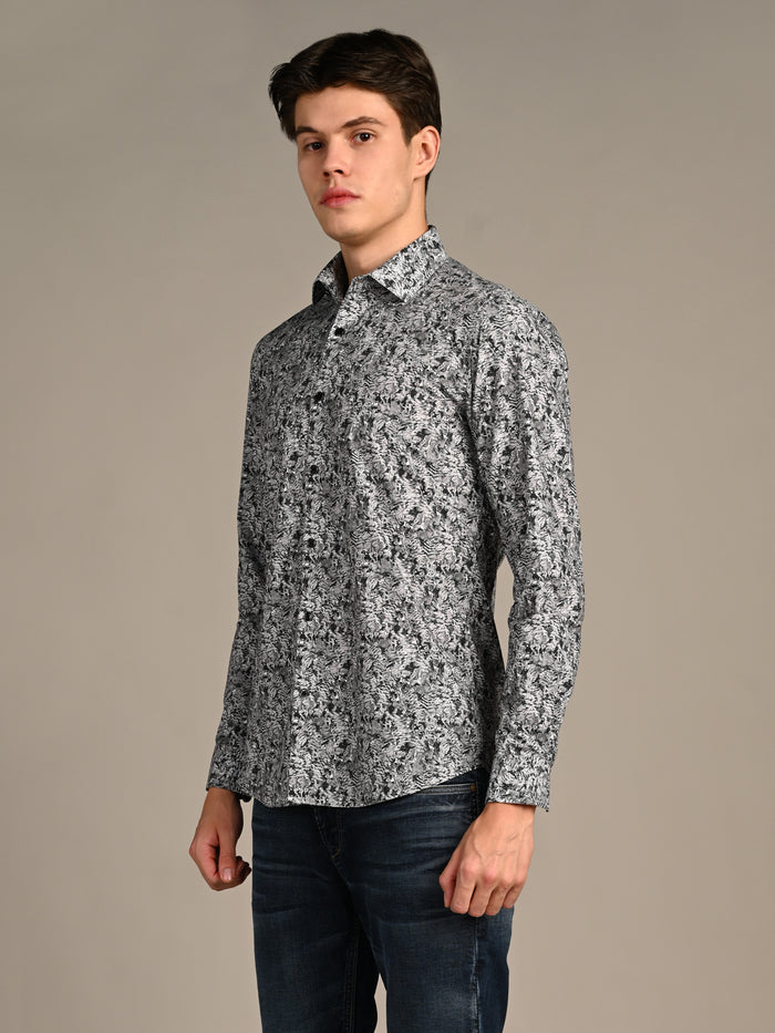 Full Sleeves Slim Fit Grey  All-Over Abstract Floral Print Shirt