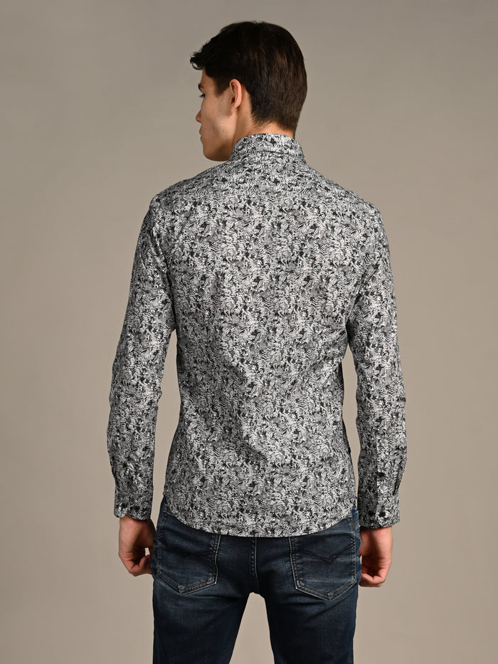 Full Sleeves Slim Fit Grey  All-Over Abstract Floral Print Shirt