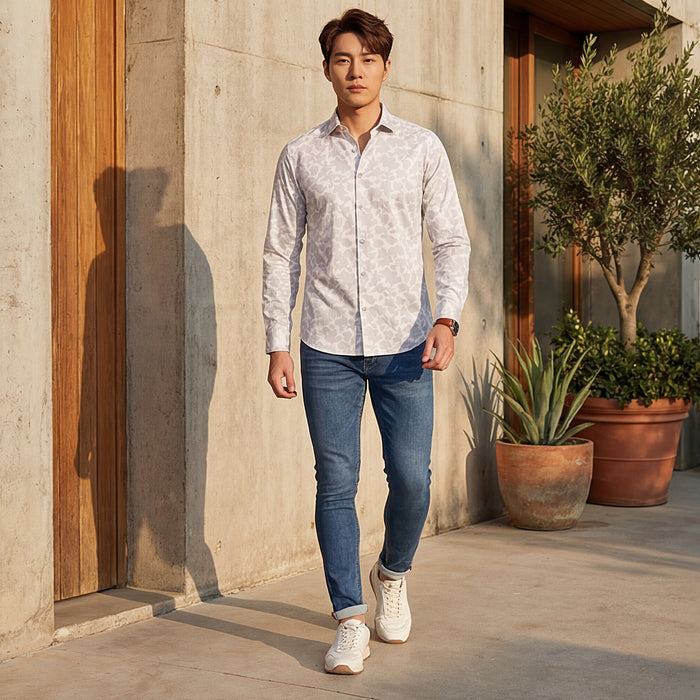Full Sleeves Slim Fit Grey All over Flower Print Shirt