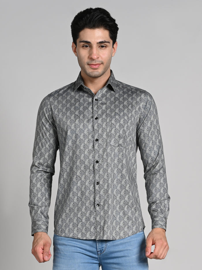 Full Sleeves Slim Fit Grey All over Geometric Motif Foil Textured Print Shirt