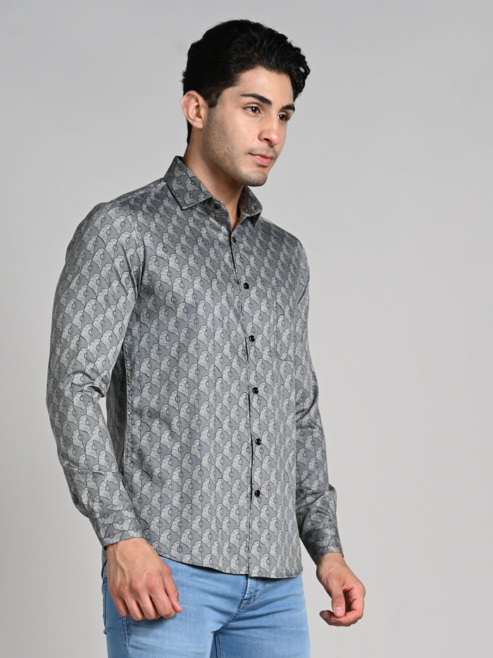 Full Sleeves Slim Fit Grey All over Geometric Motif Foil Textured Print Shirt