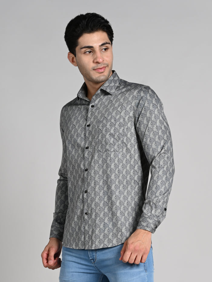 Full Sleeves Slim Fit Grey All over Geometric Motif Foil Textured Print Shirt