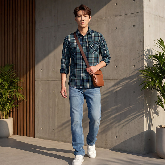 Full Sleeves Slim Fit Grey Dobby Structure Checks Shirt