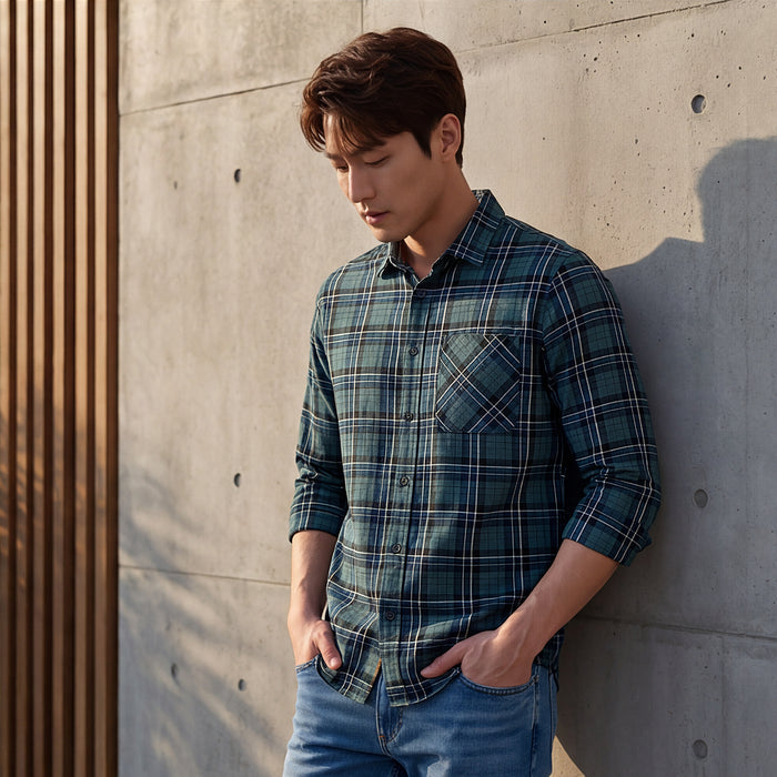 Full Sleeves Slim Fit Grey Dobby Structure Checks Shirt