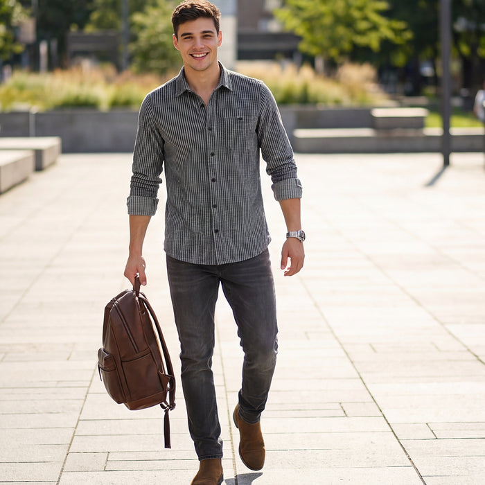 Full Sleeves Slim Fit Grey Grunge Stripe Uncut Corduroy Print Shirt