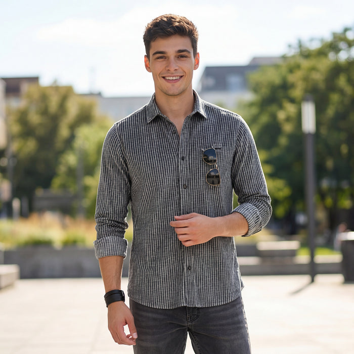 Full Sleeves Slim Fit Grey Grunge Stripe Uncut Corduroy Print Shirt