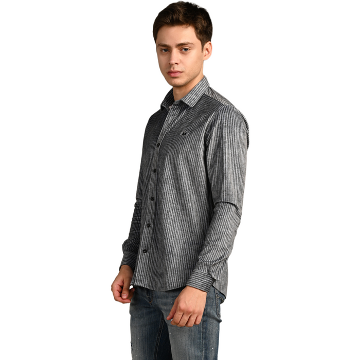 Full Sleeves Slim Fit Grey Grunge Stripe Uncut Corduroy Print Shirt