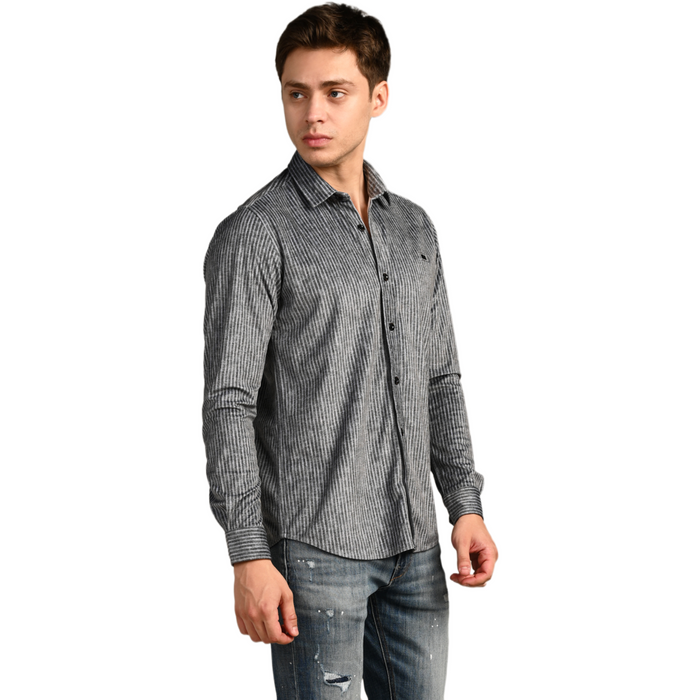Full Sleeves Slim Fit Grey Grunge Stripe Uncut Corduroy Print Shirt