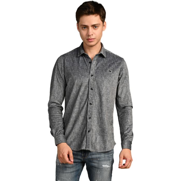 Full Sleeves Slim Fit Grey Grunge Stripe Uncut Corduroy Print Shirt