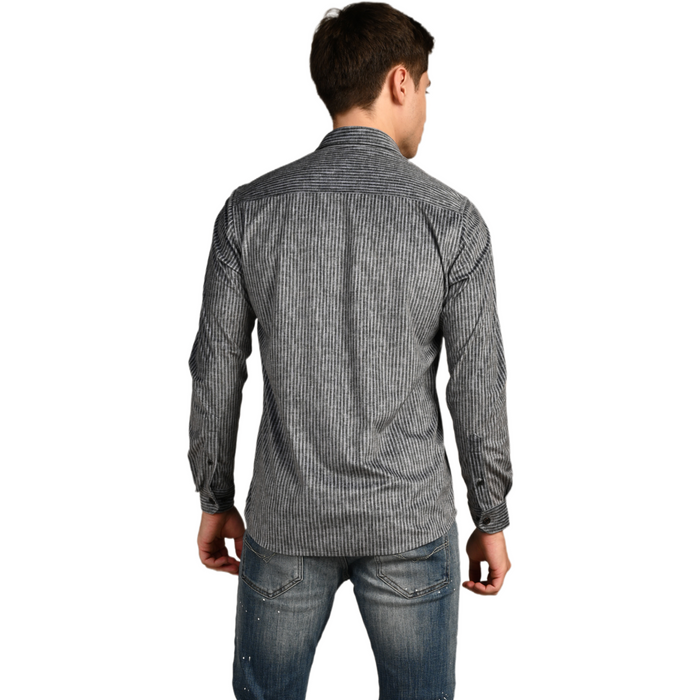 Full Sleeves Slim Fit Grey Grunge Stripe Uncut Corduroy Print Shirt