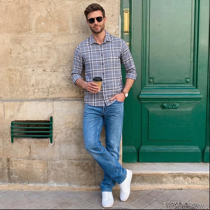 Full Sleeves Slim Fit Grey Structure Checks Shirt