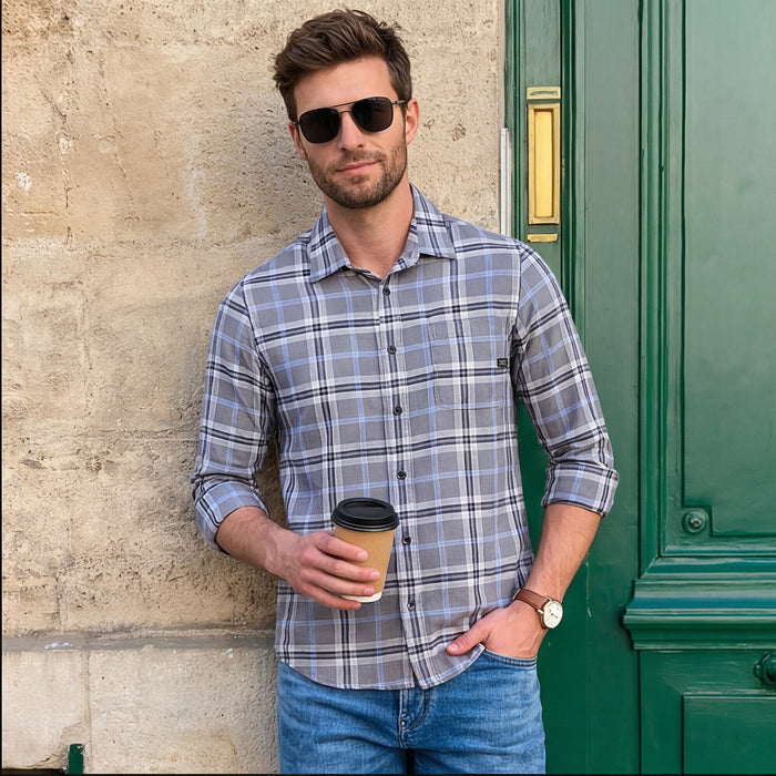 Full Sleeves Slim Fit Grey Structure Checks Shirt