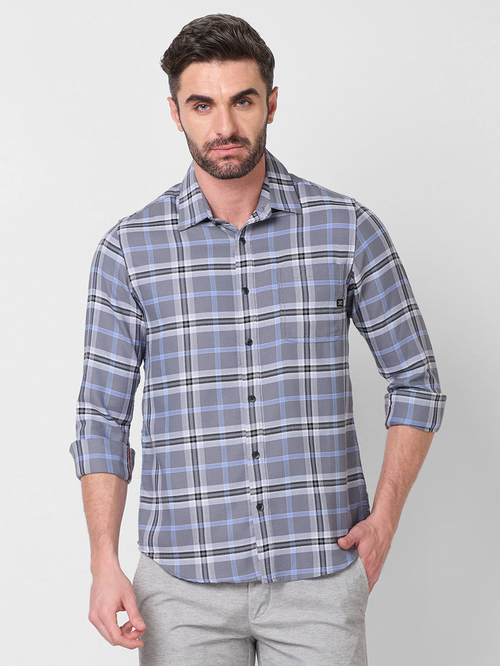 Full Sleeves Slim Fit Grey Structure Checks Shirt