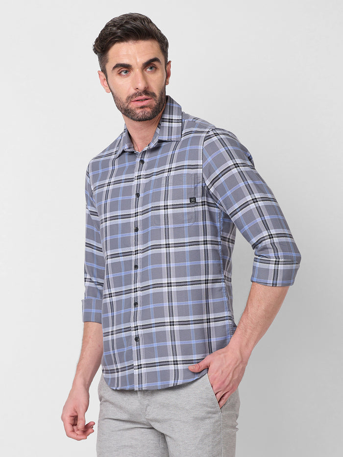 Full Sleeves Slim Fit Grey Structure Checks Shirt