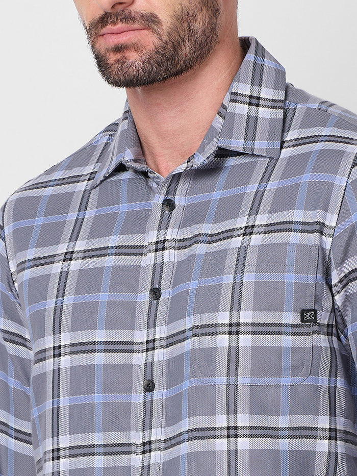 Full Sleeves Slim Fit Grey Structure Checks Shirt