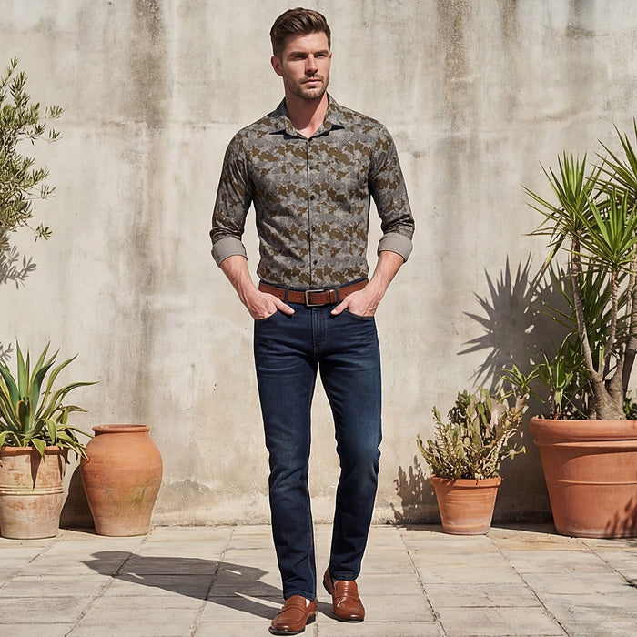 Full sleeves Slim Fit Khaki Camau Printed Satin Shirt
