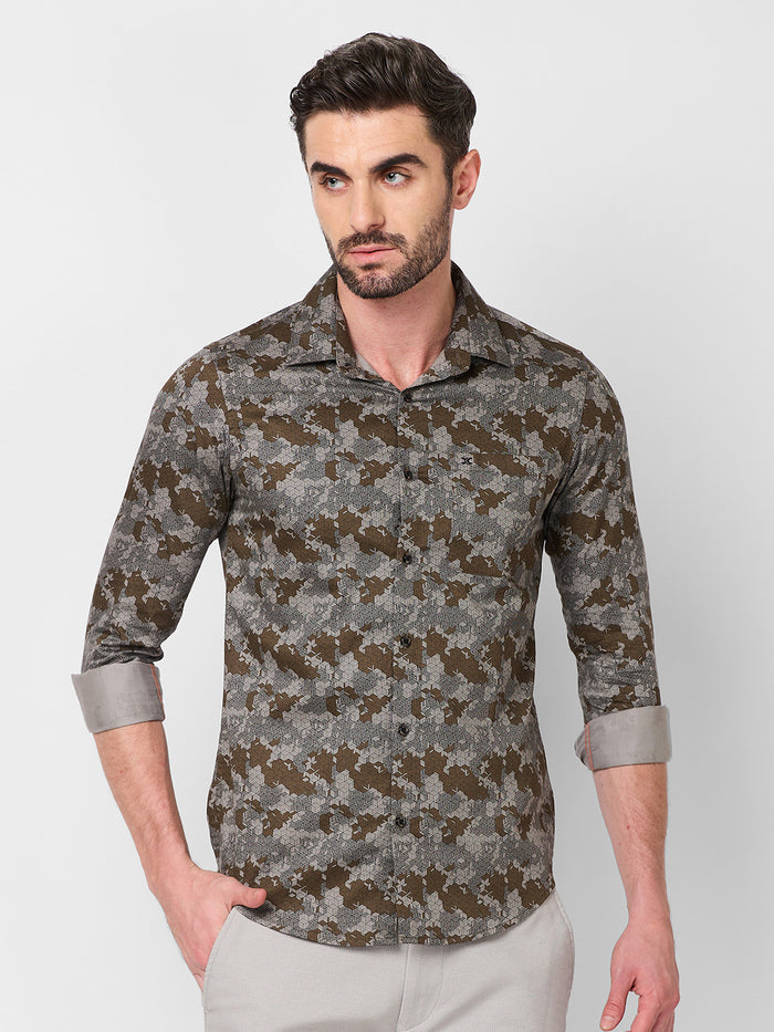 Full sleeves Slim Fit Khaki Camau Printed Satin Shirt