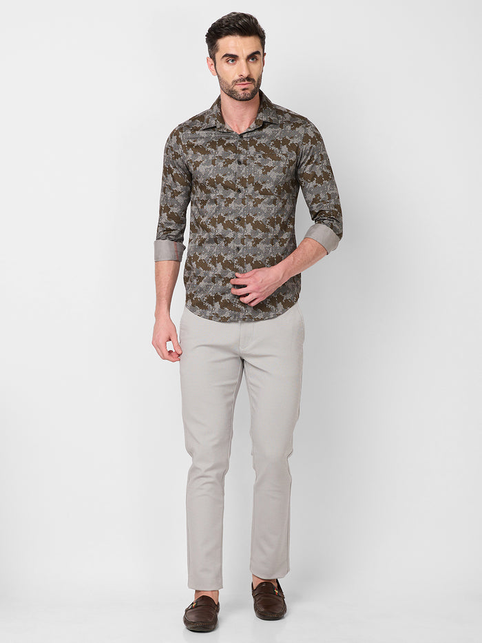 Full sleeves Slim Fit Khaki Camau Printed Satin Shirt