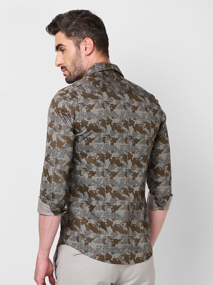 Full sleeves Slim Fit Khaki Camau Printed Satin Shirt