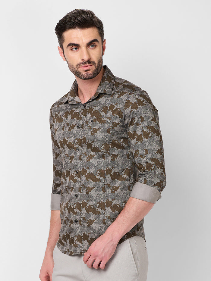 Full sleeves Slim Fit Khaki Camau Printed Satin Shirt