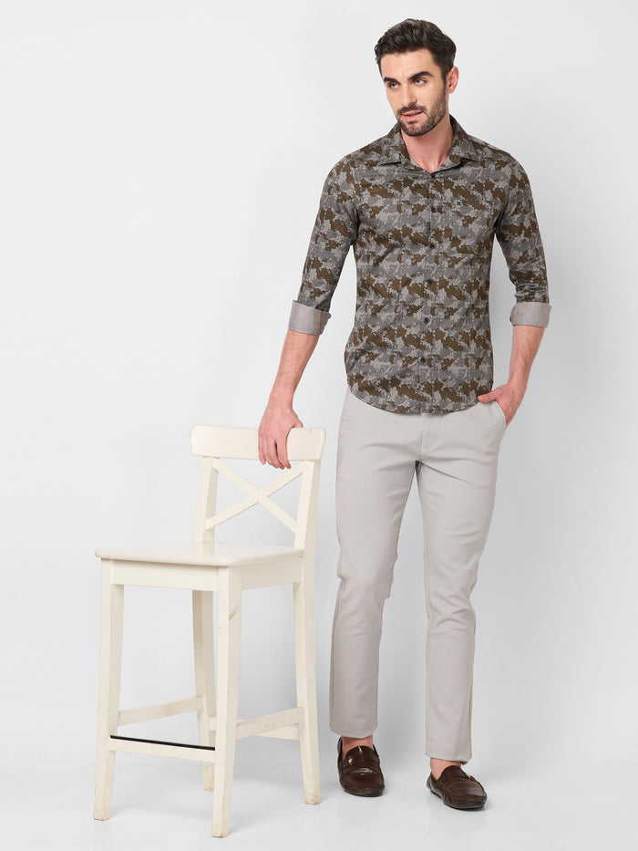 Full sleeves Slim Fit Khaki Camau Printed Satin Shirt