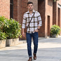 Full Sleeves Slim Fit Khaki Textured Slub Checks Shirt