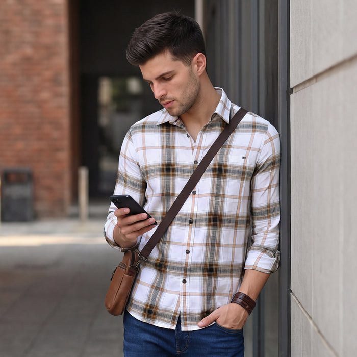 Full Sleeves Slim Fit Khaki Textured Slub Checks Shirt