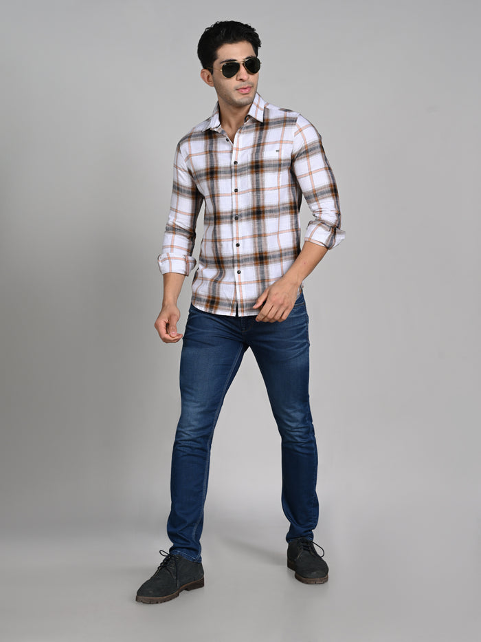 Full Sleeves Slim Fit Khaki Textured Slub Checks Shirt