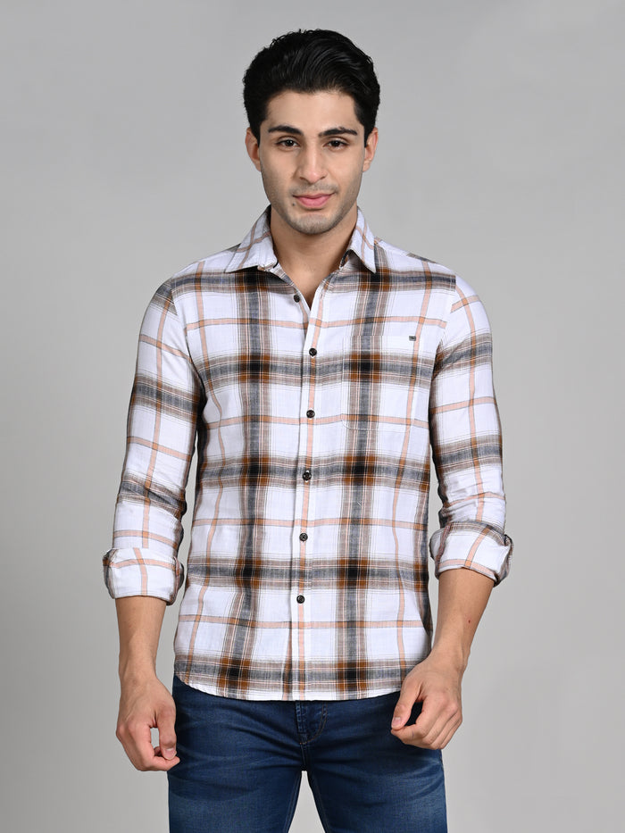 Full Sleeves Slim Fit Khaki Textured Slub Checks Shirt