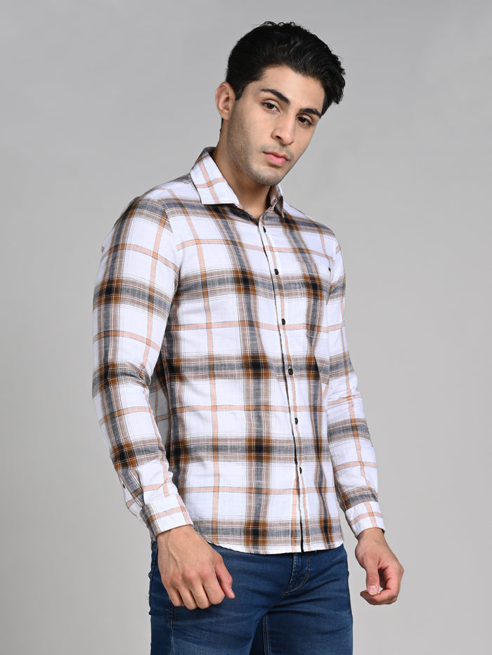 Full Sleeves Slim Fit Khaki Textured Slub Checks Shirt